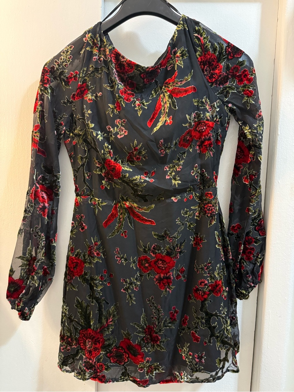 Lulu's Black Mini Backless Dress with Red Floral Burnout